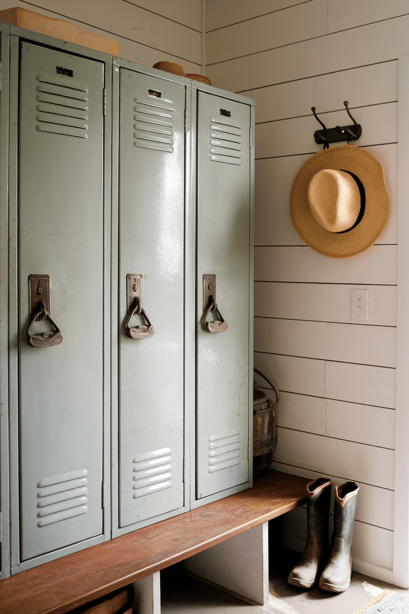 Vintage locker-inspired storage in a farmhouse mudroom with a hat and boots