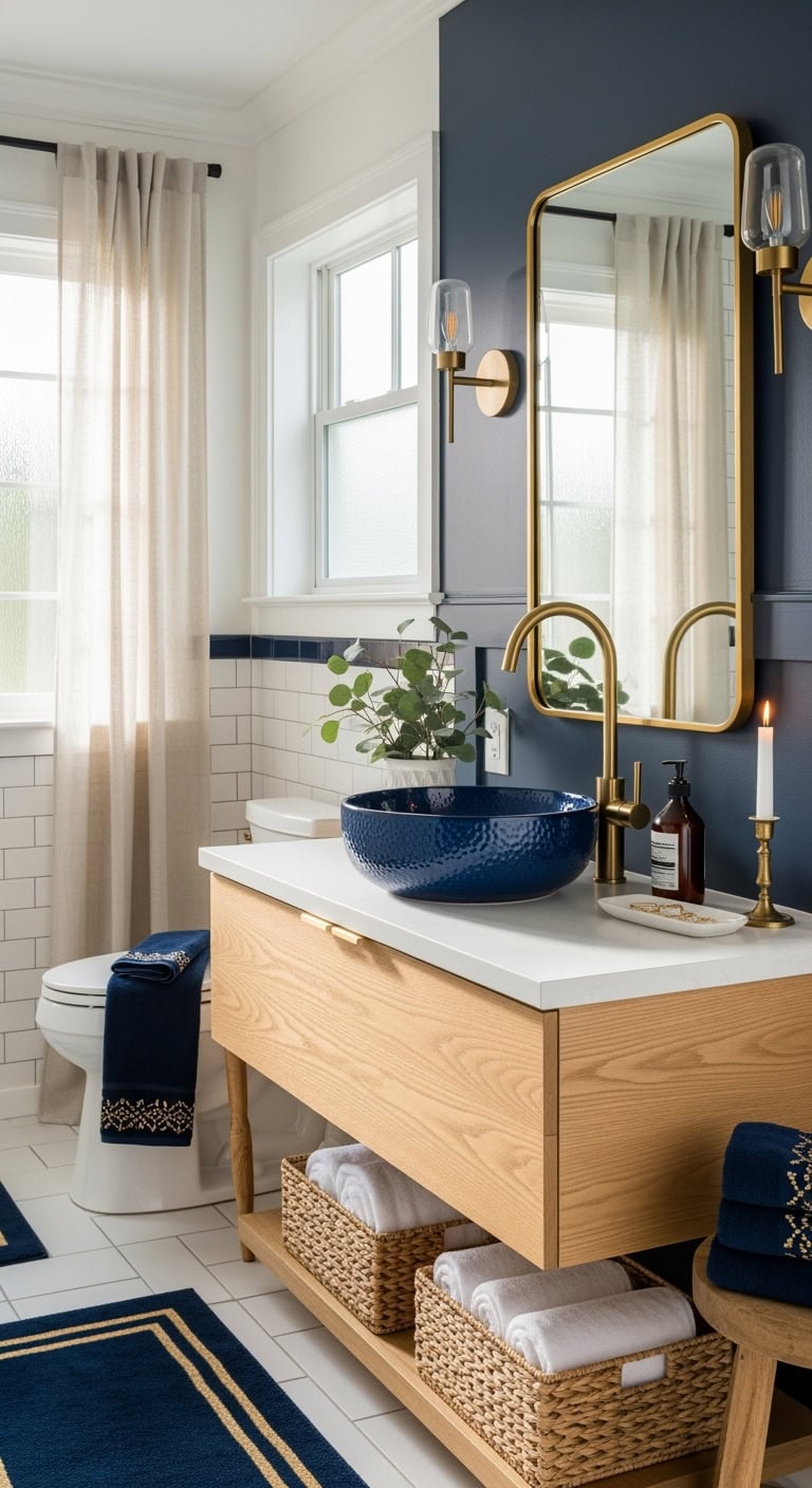 stylish navy sink with golden faucet