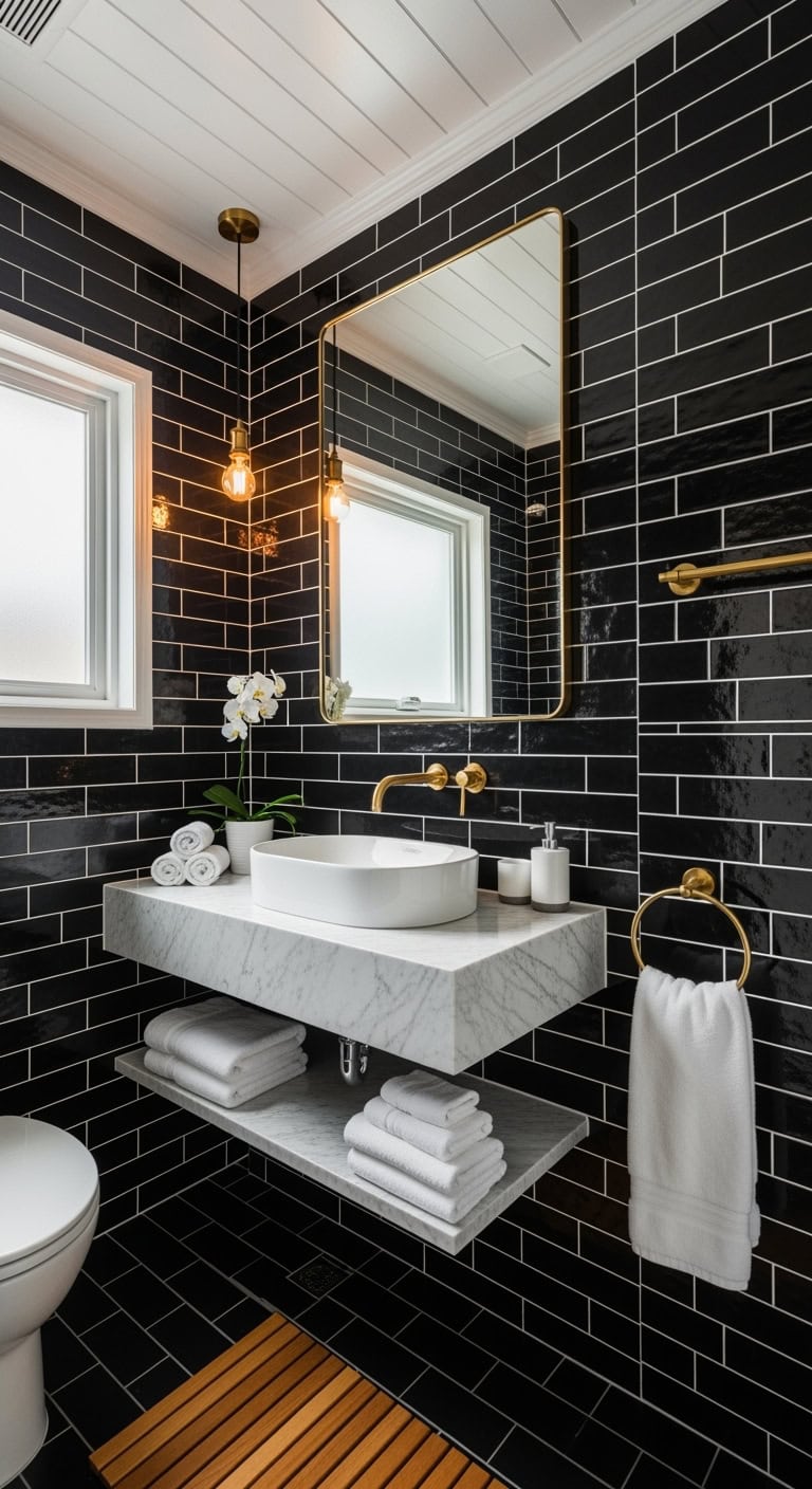 moody sophisticated bathroom tile transformation