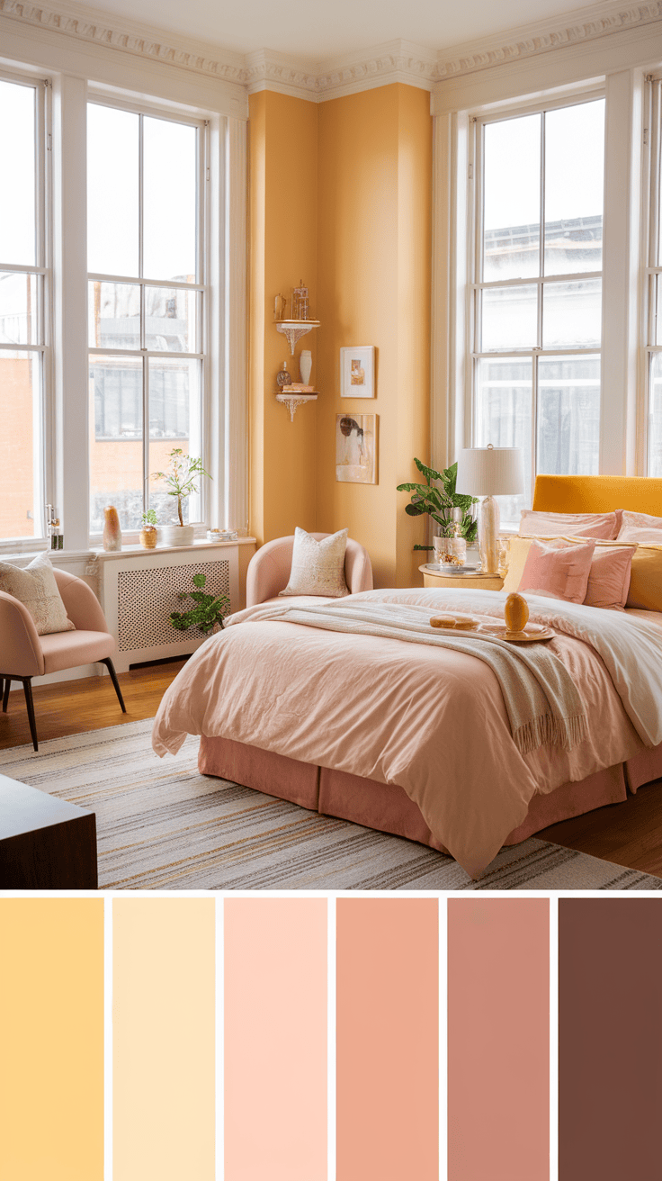 A bright and cozy yellow and blush bedroom with natural light.
