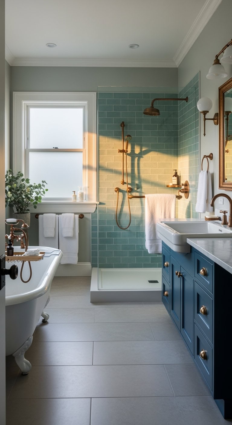 vintage inspired weathered copper bathroom accents