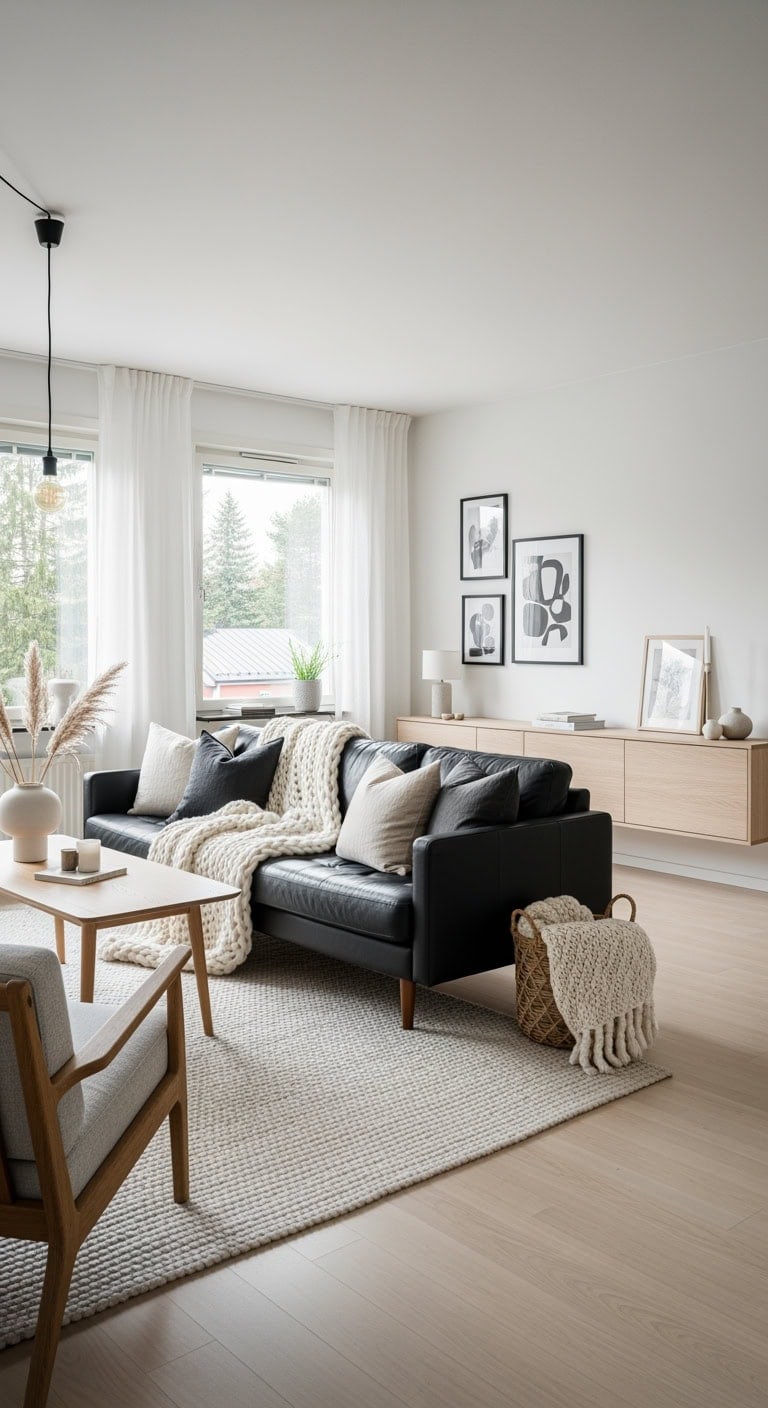 scandinavian black leather minimalist living