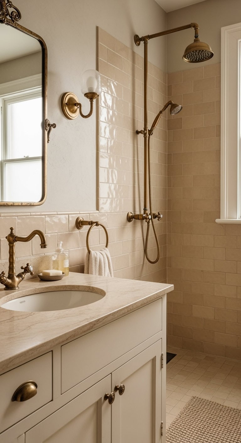 vintage brass bathroom accents elevate beige