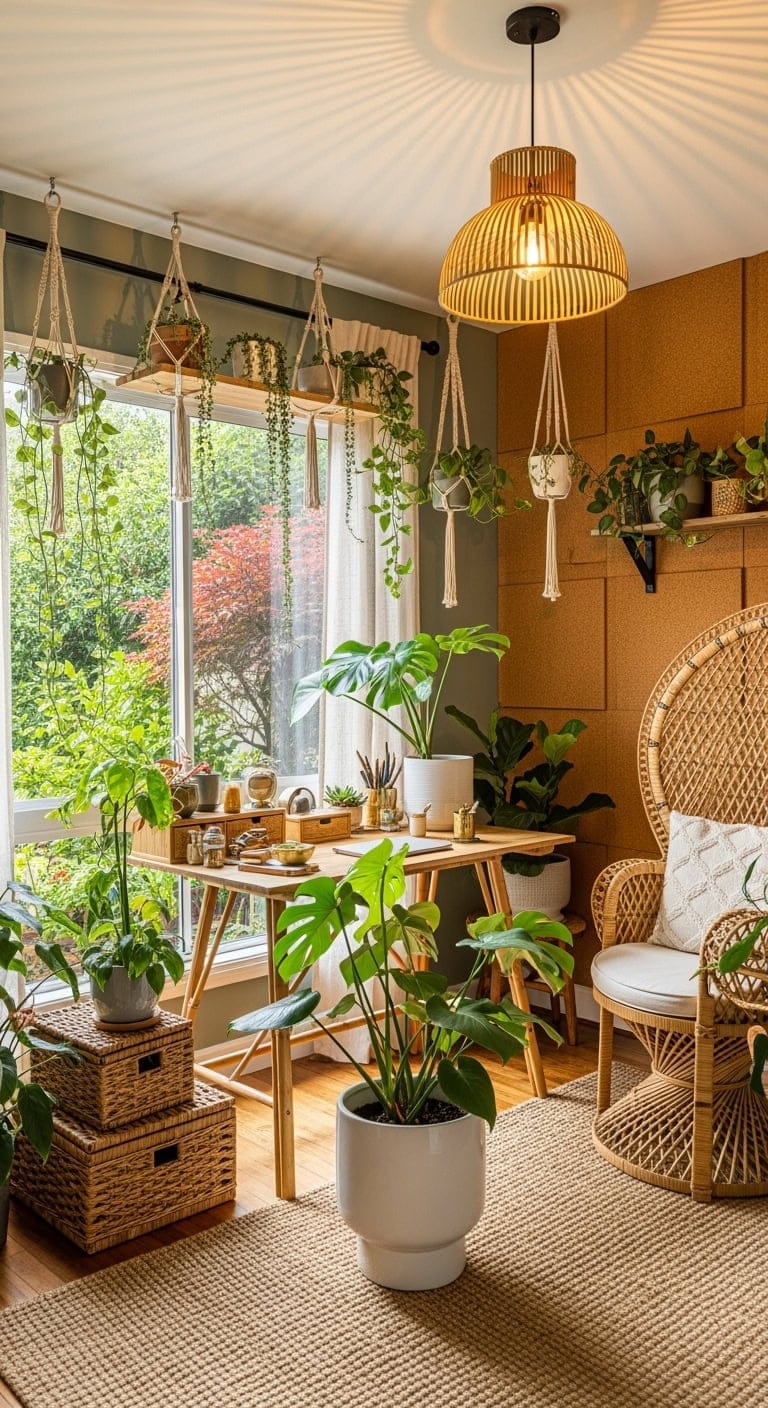 plant filled wicker cork workspace