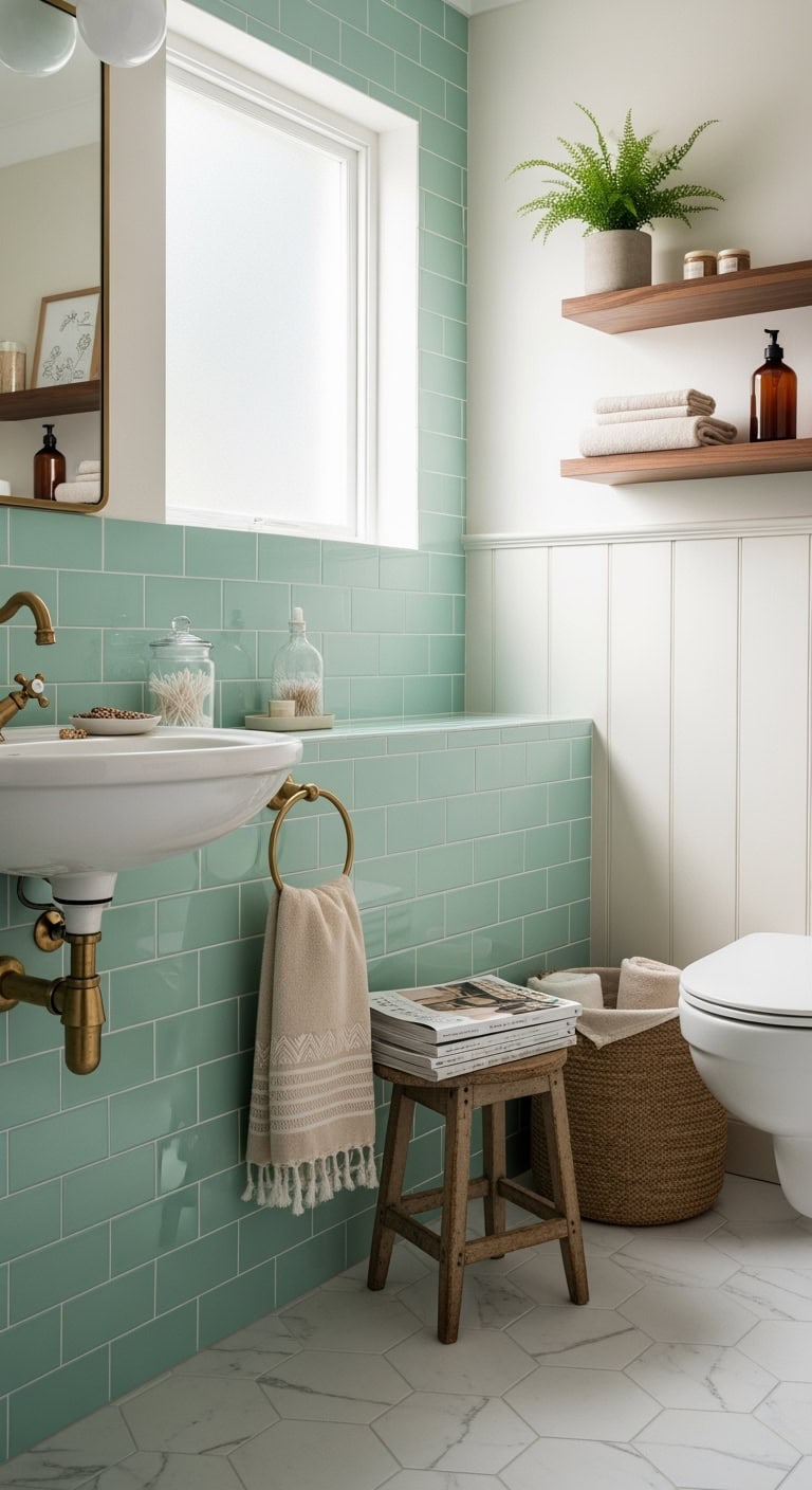 retro modern mint subway tile backsplash