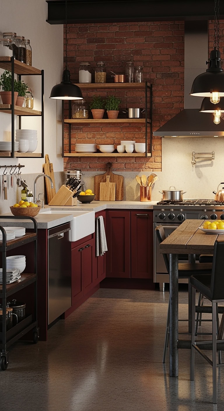 urban burgundy industrial kitchen