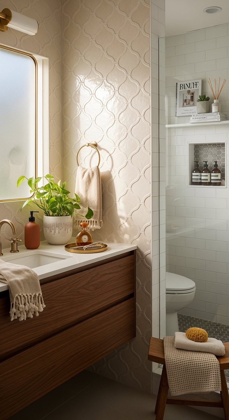 glamorous sophisticated bathroom feature wall