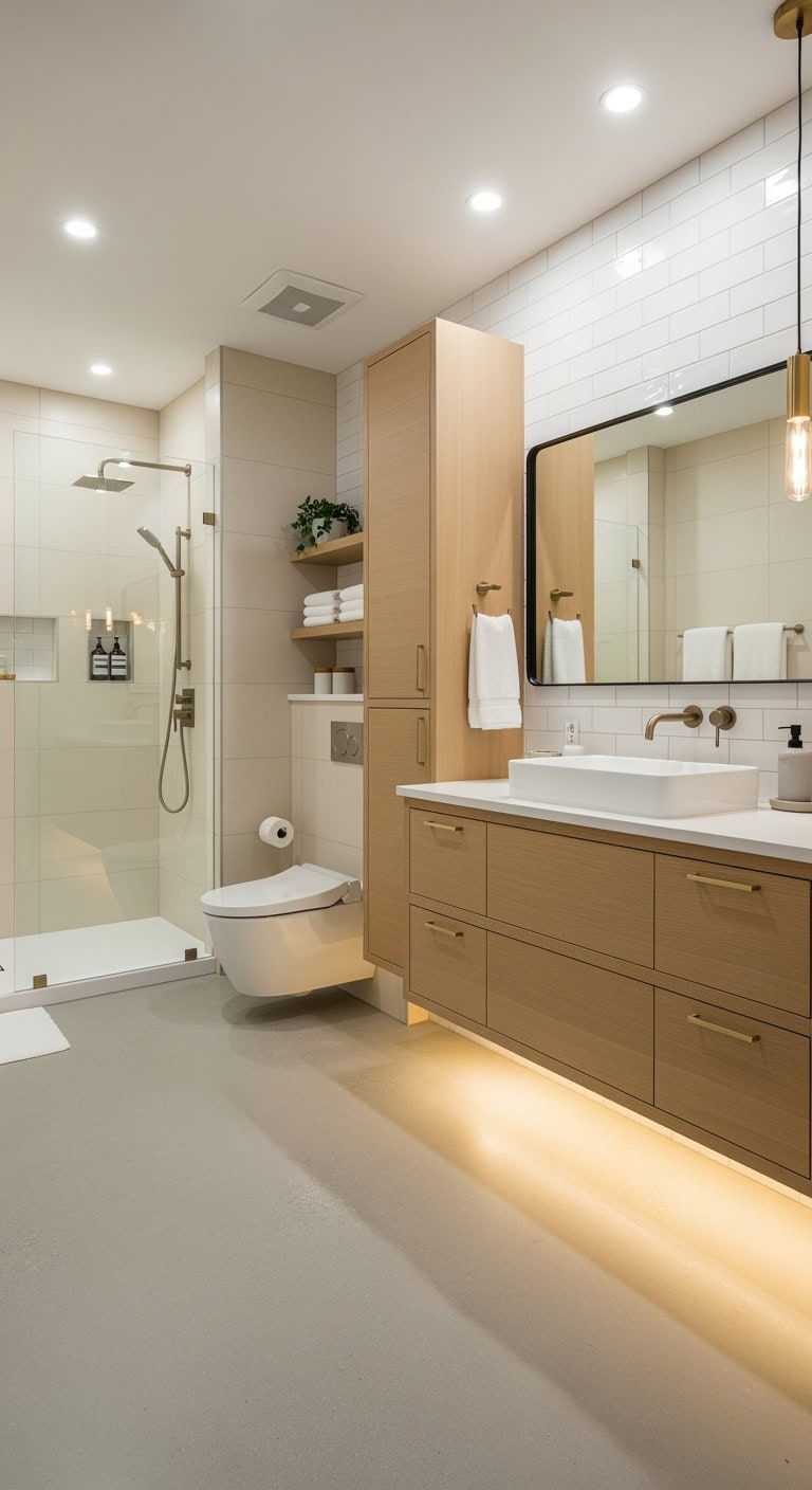 minimalist elevated discreet bathroom storage