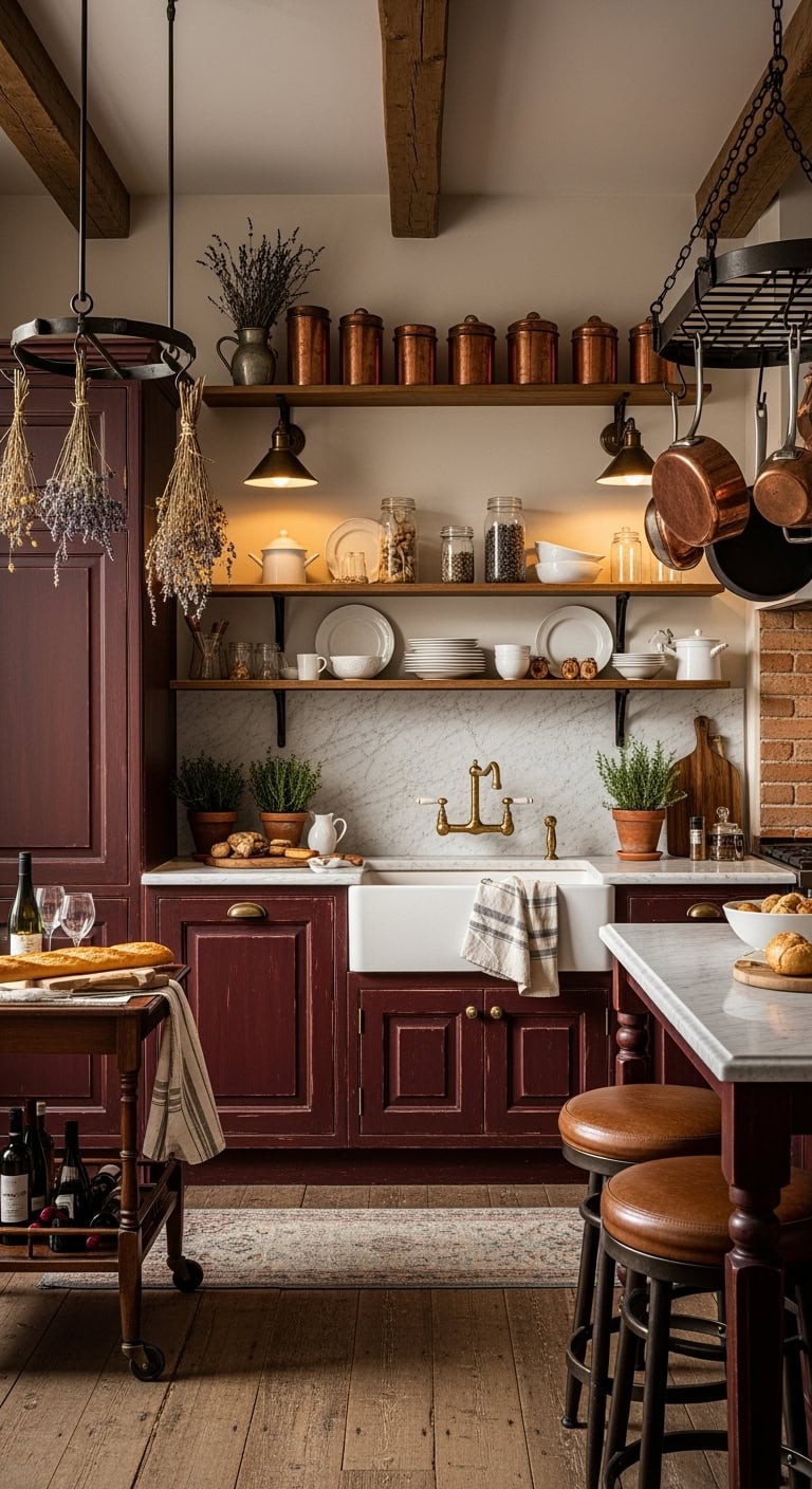 charming burgundy farmhouse kitchen