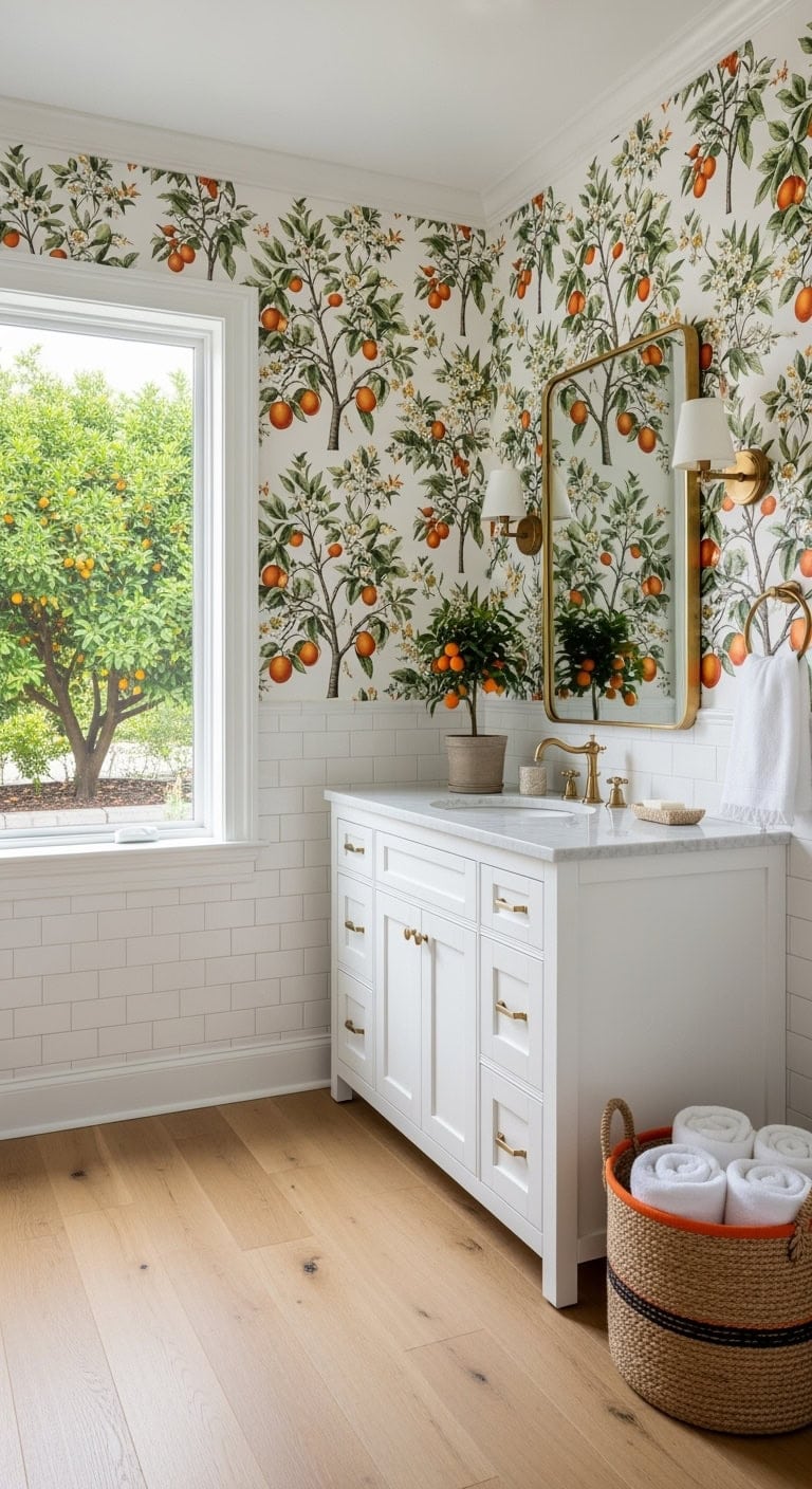 botanical orange tree bathroom