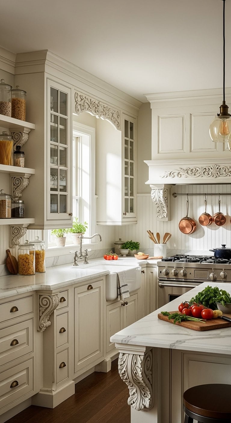 antique white cabinets with decorative corbels