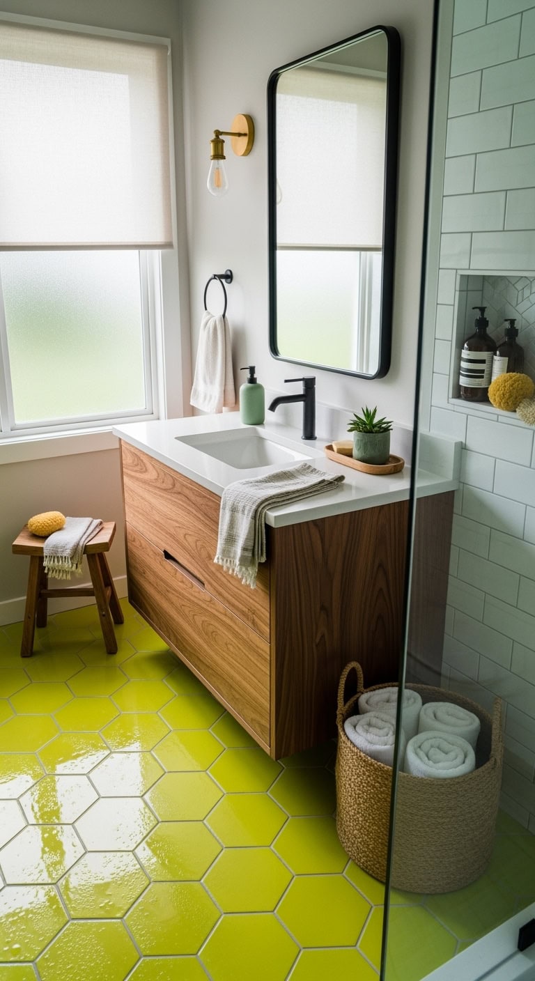 bright chartreuse geometric bathroom transformation