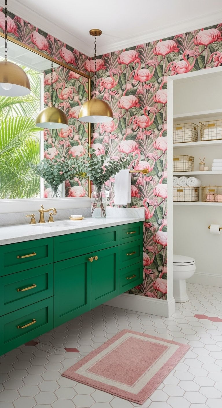 tropical pink and emerald bathroom