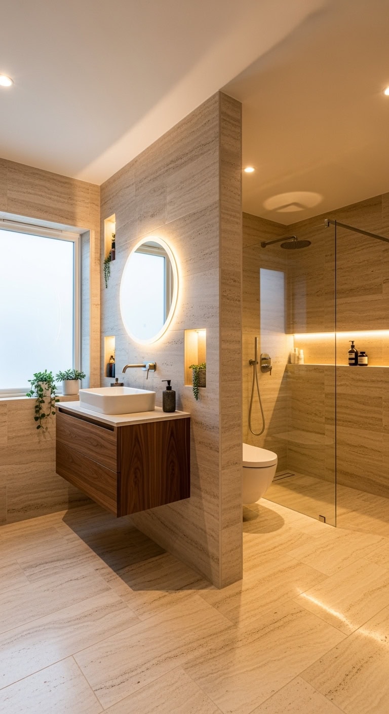 sophisticated textured bathroom partition solution