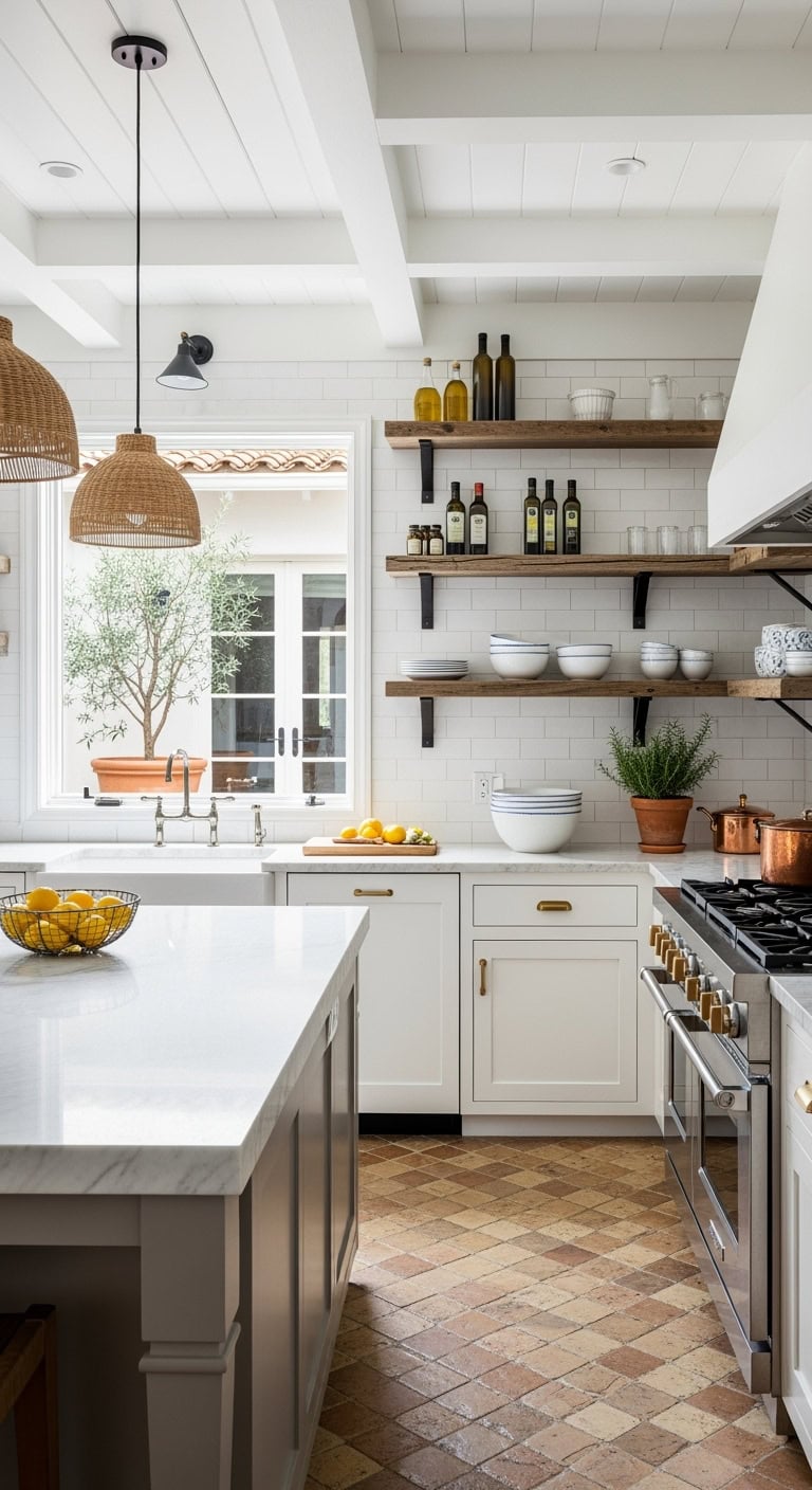 warm rustic mediterranean inspired open shelving