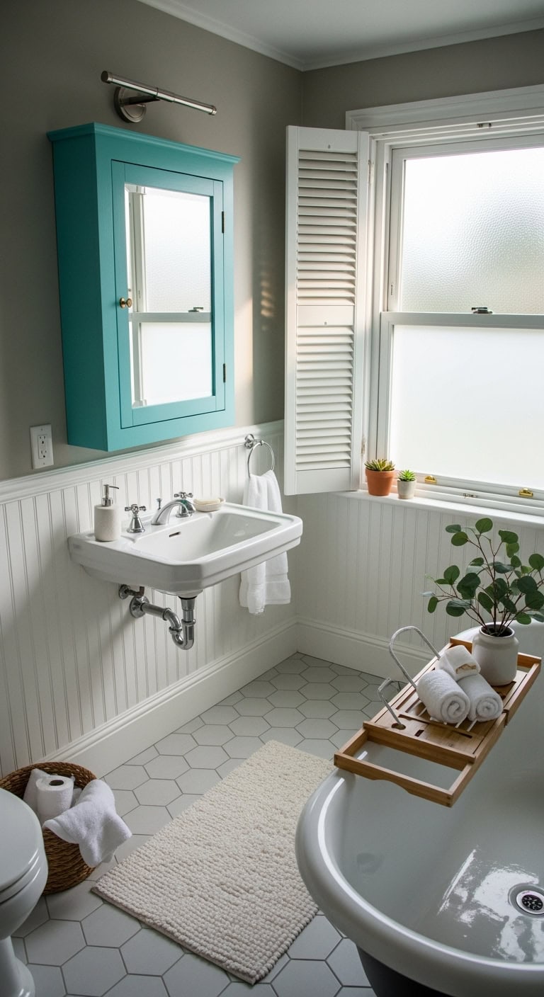 turquoise transforms mundane medicine cabinet