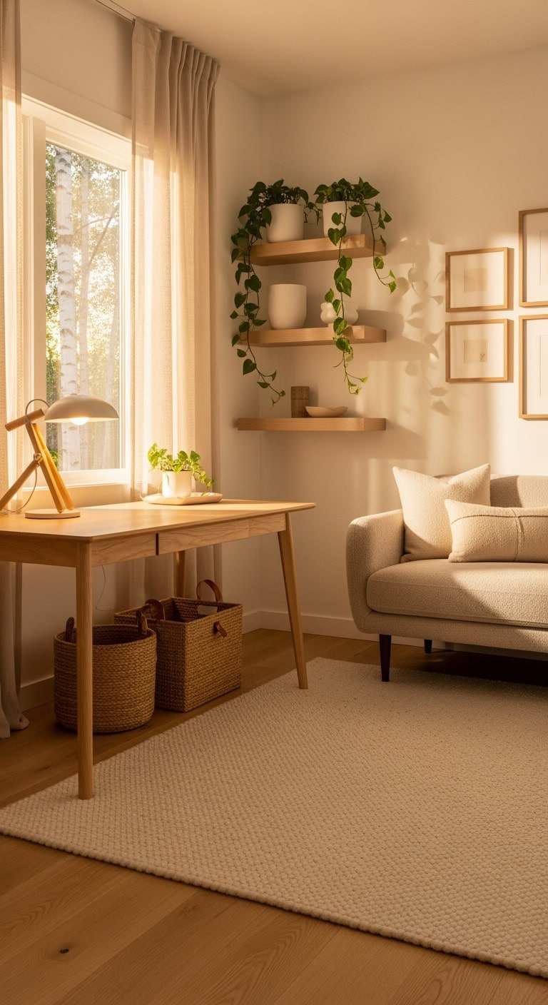 blonde wood neutral cozy workspace