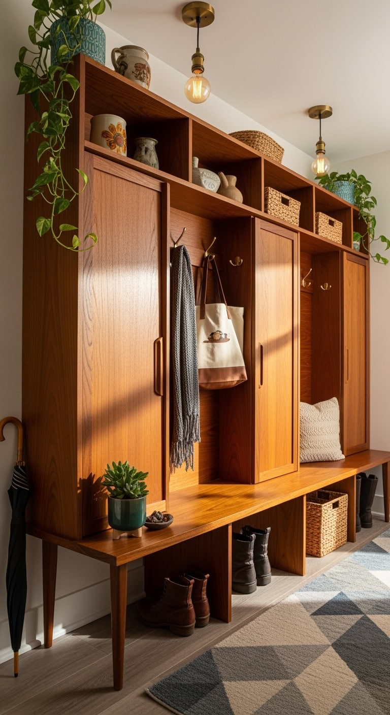 warm minimalist vintage teak mudroom lockers