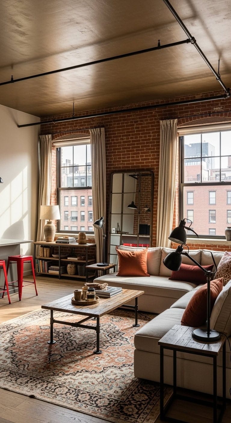 exposed brick cream sofas