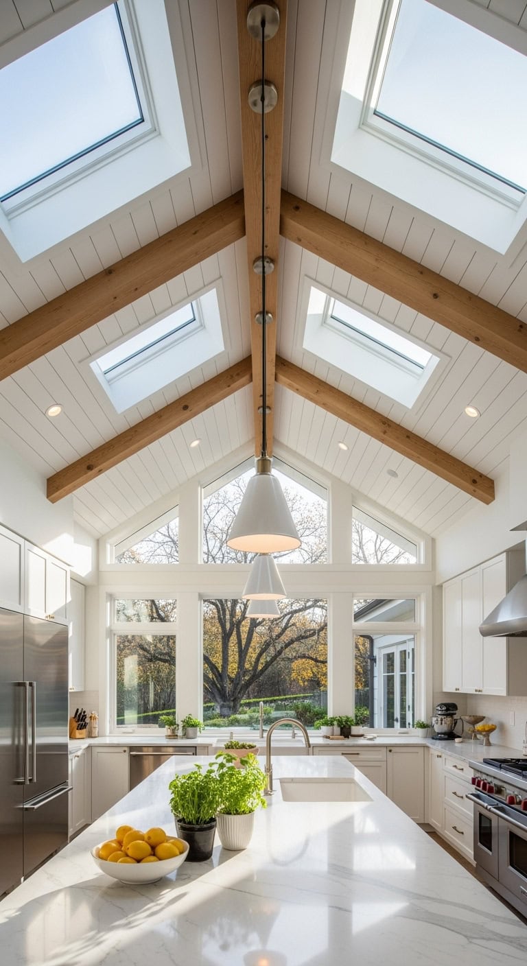 spacious skylit cathedral like kitchen ambiance