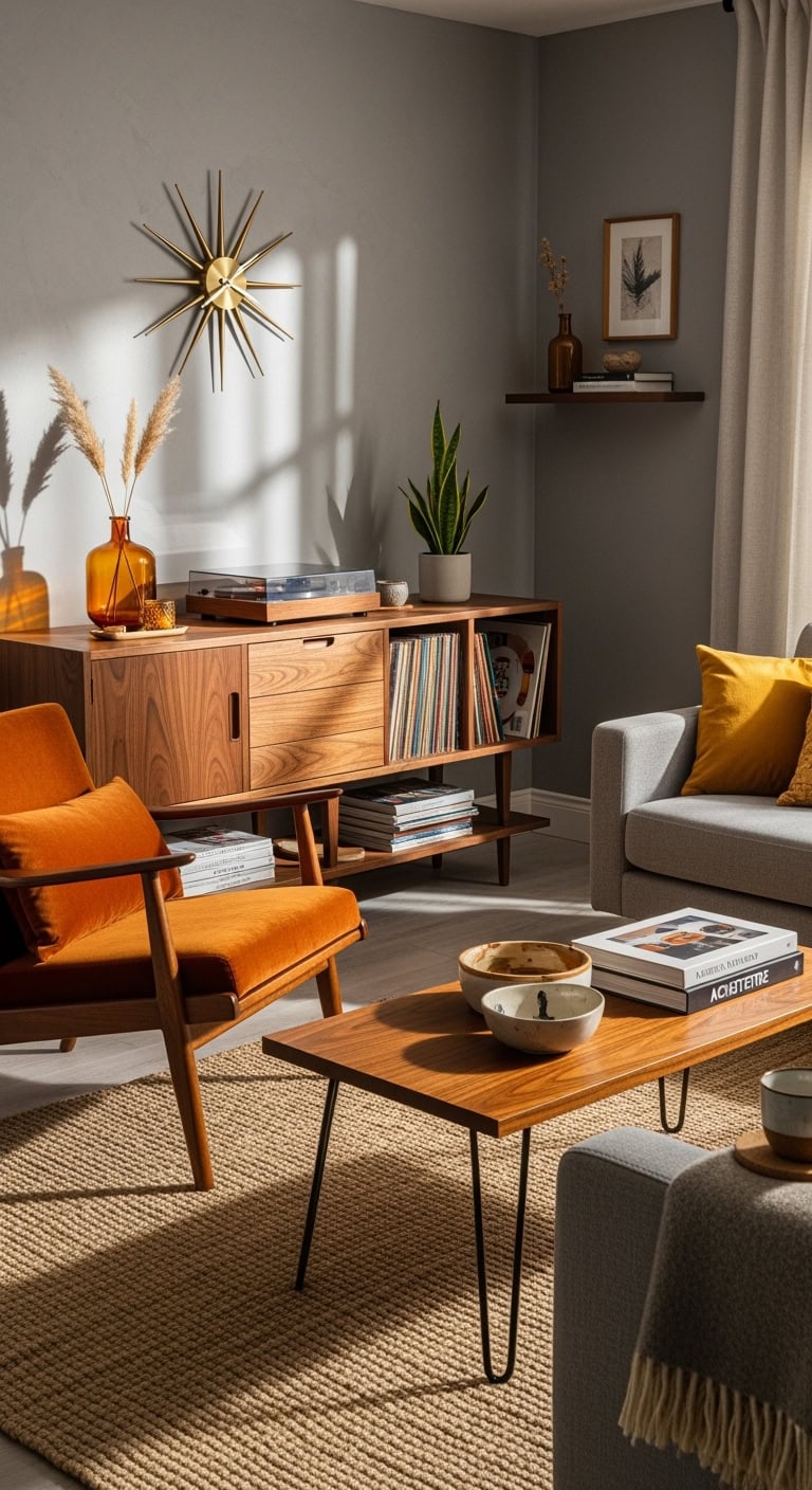 sophisticated mid century grey walnut retreat