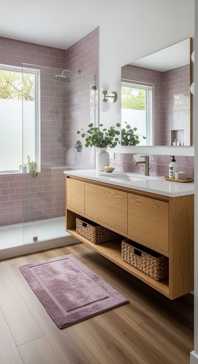 mauve tiles oak vanity