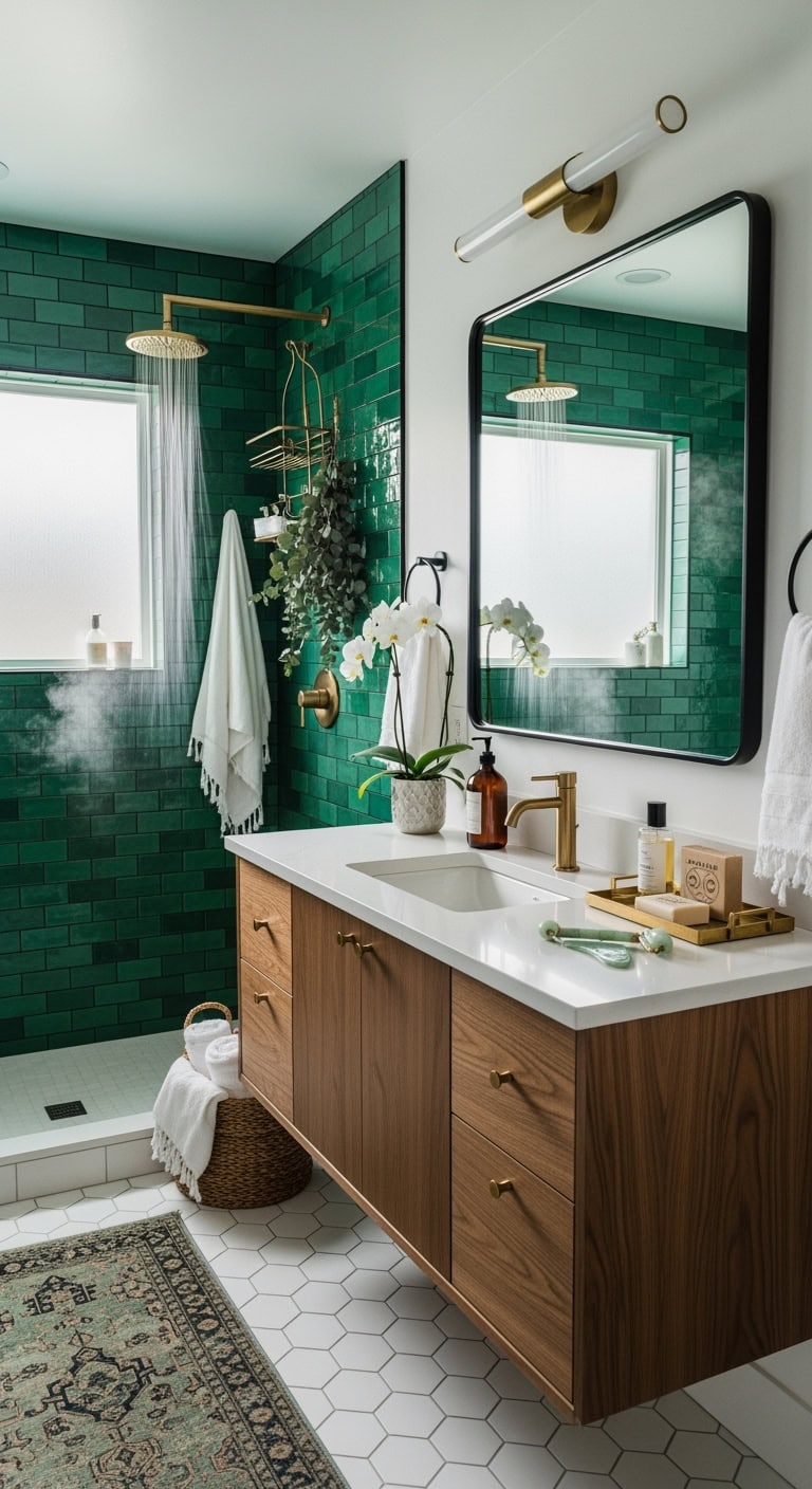 jewel toned geometric spa like bathroom design