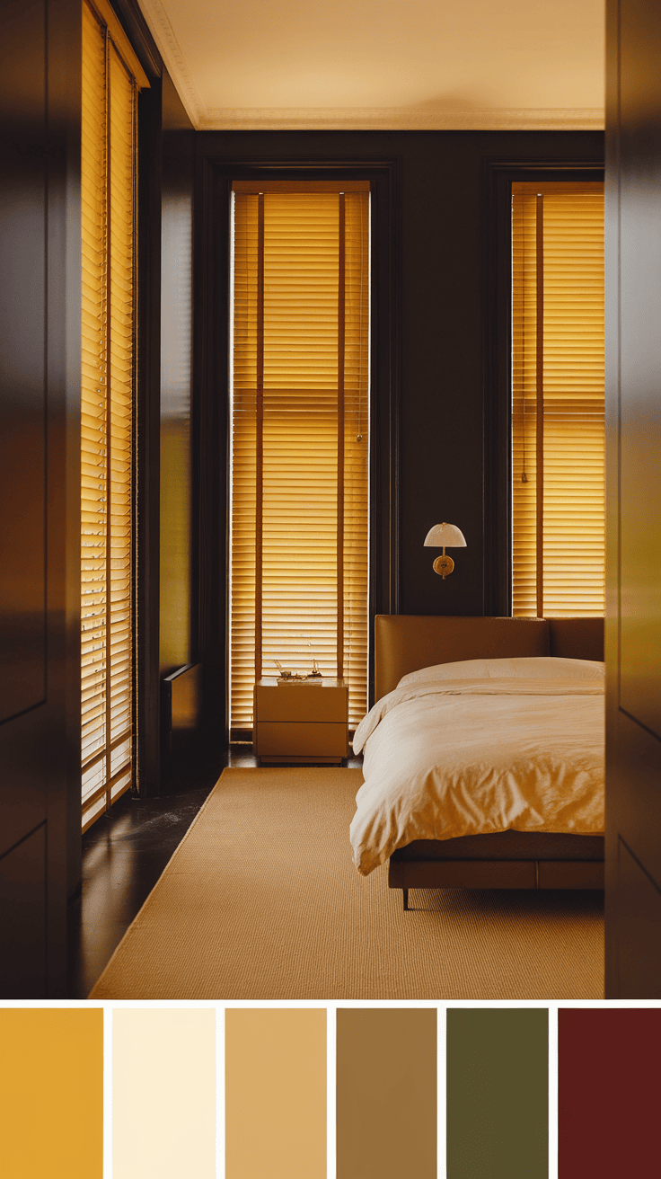 A cozy bedroom featuring yellow blinds against dark walls, with a bed and nightstand.