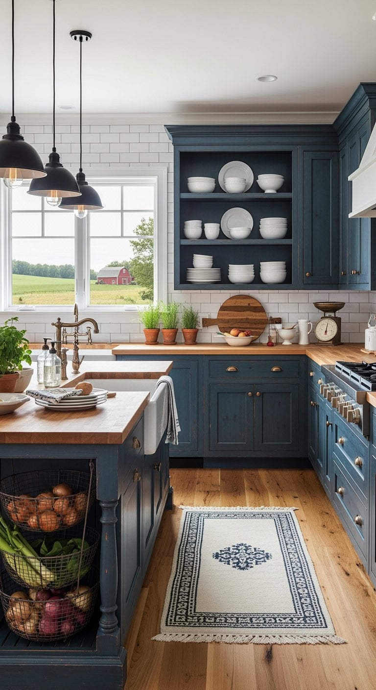 distressed navy farmhouse kitchen