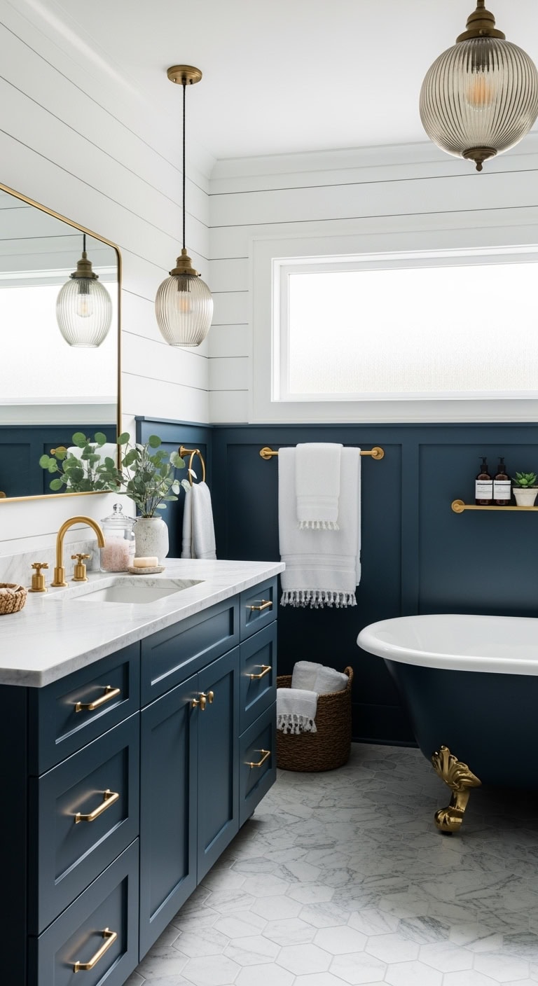 elegant luxurious navy and gold bathroom