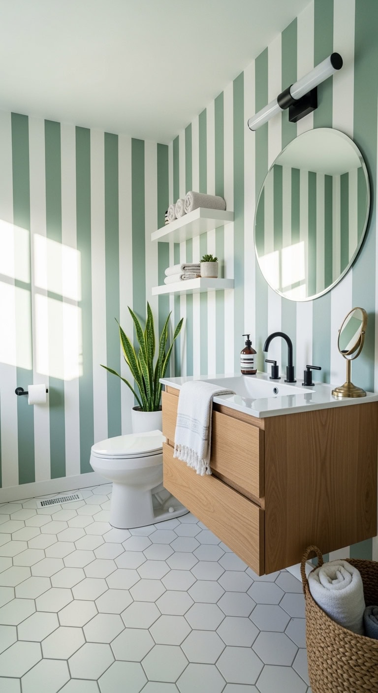 vibrant vertical stripe bathroom design