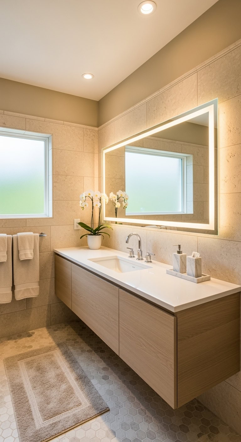 spa inspired beige limestone bathroom