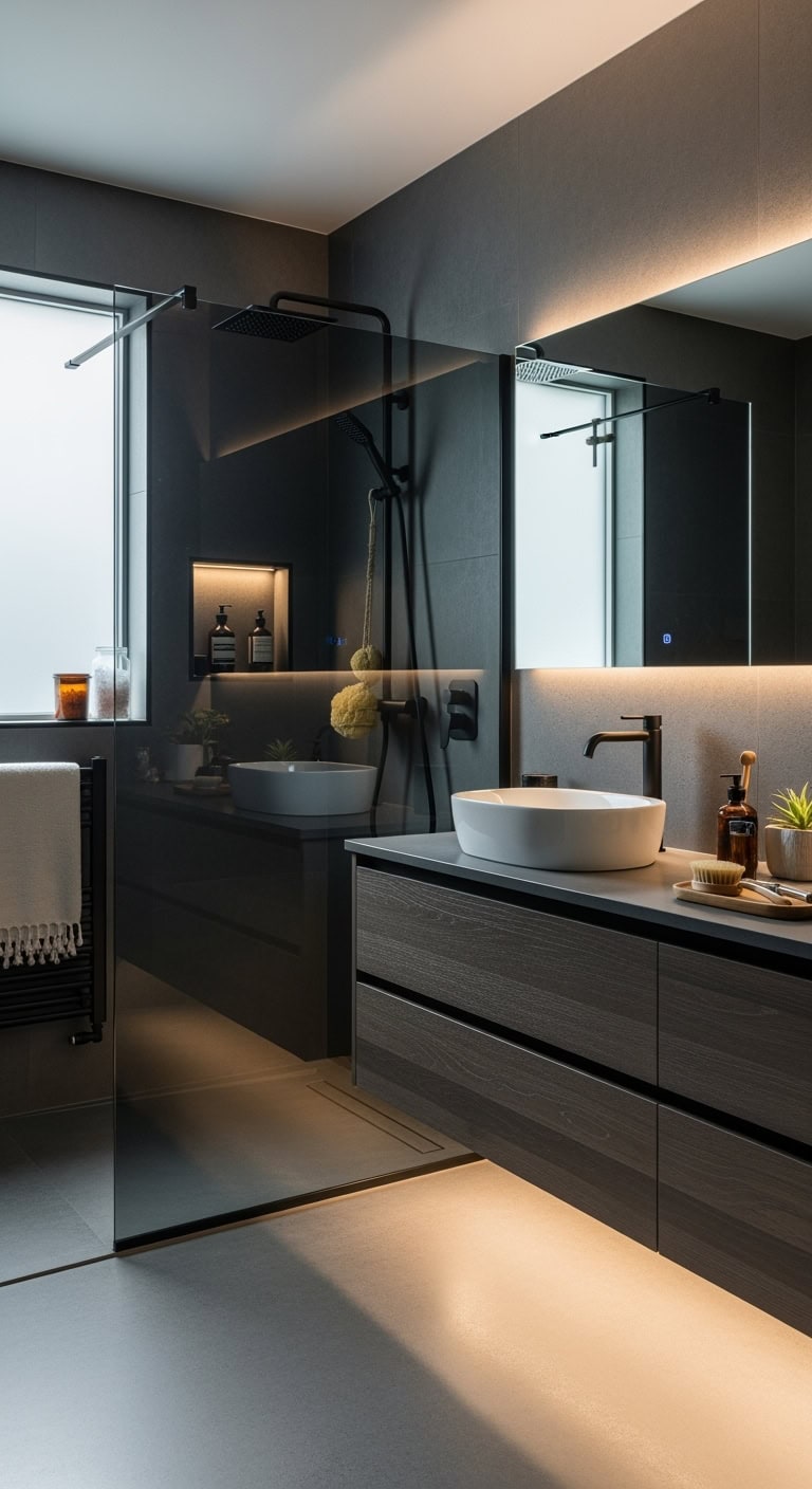 sophisticated minimalist dark glass shower enclosure