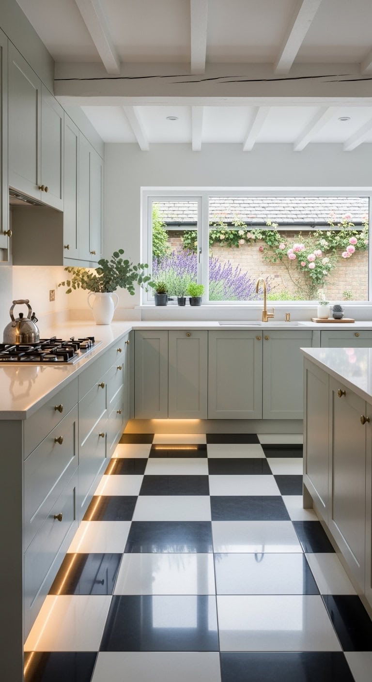 uncluttered minimalist kitchen with checkered floors
