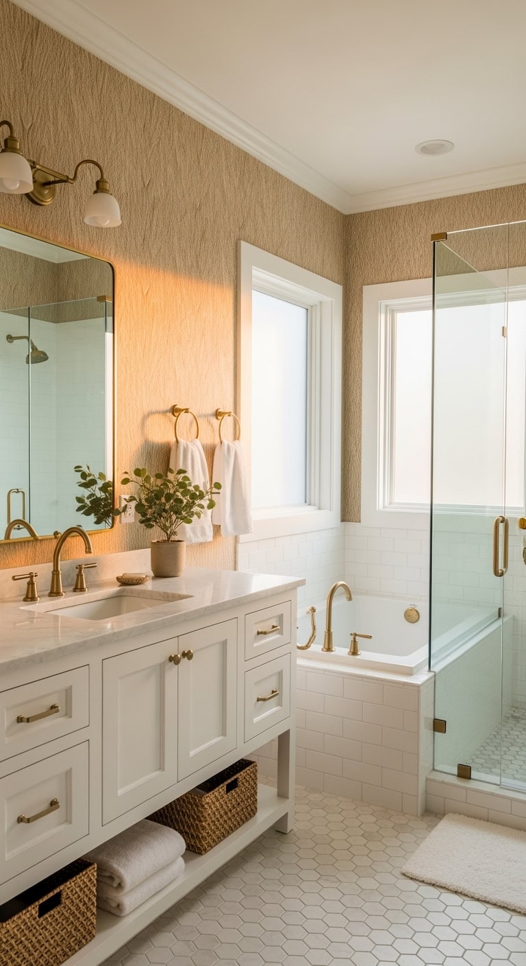 textured beige versatile bathroom wallpaper